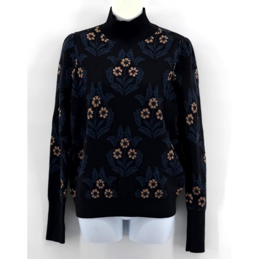 Ann Taylor Floral Mock Neck Sweater Women Small Black Blue Metallic Knit Top